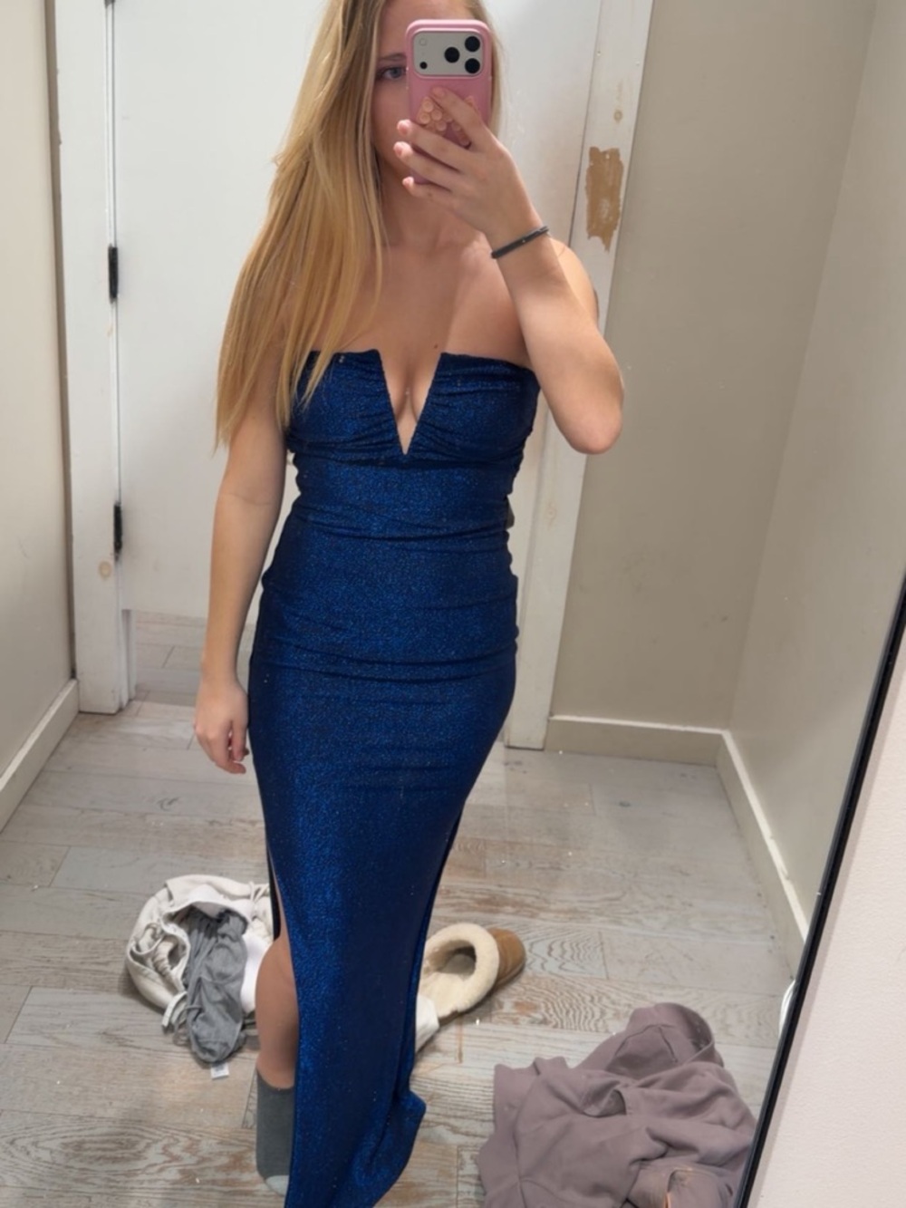 Windsor Sparkle Navy Strapless Plunge Gown